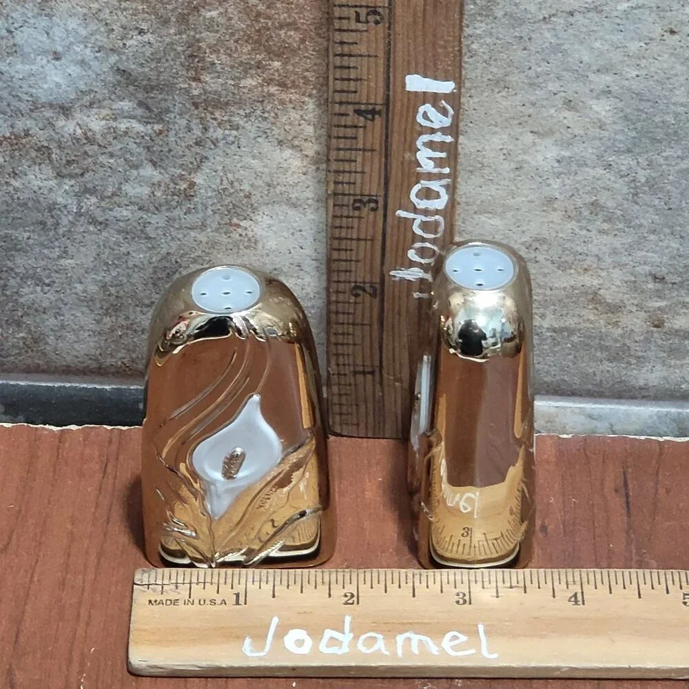 Vintage Japan Goldtone Over Silverplate White Calla Lily Salt Pepper Shaker Set